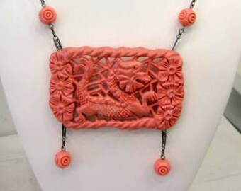 Art Deco carved coral Galalith necklace detailed and stunning c.1930&#39;s