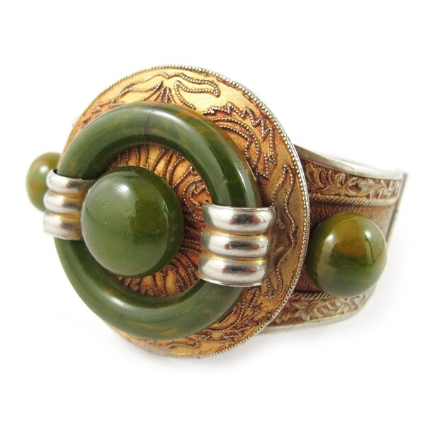 French vintage bakelite and etched metal bangle c. 1930's