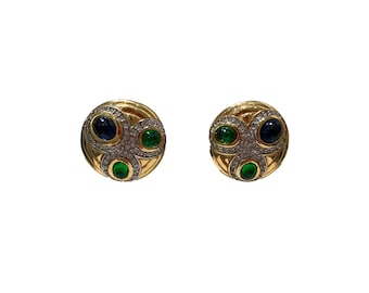 Vintage Nina Ricci Green,Blue and Clear Encrusted Earrings (clip-on)