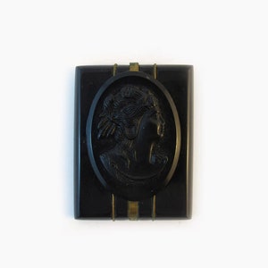 Vintage Bakelite Celluloid Cameo Brooch, Brass Inlay - (Cameo is Celluloid)