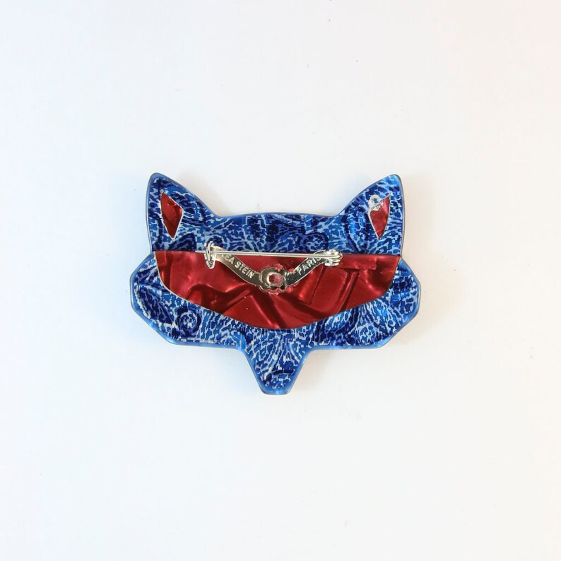 Lea Stein Goupil Fox Head Brooch Black With Red Eyes /& Ears