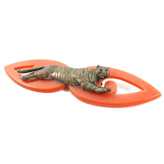 Vintage Plastic & Metal Tiger Brooch c. 1960