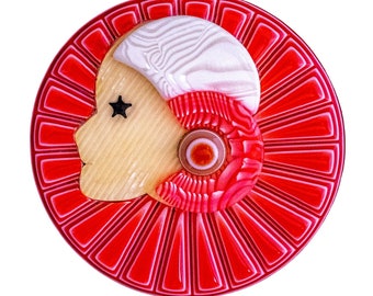 Lea Stein Full Collerette Art Deco Girl Brooch Pin - Coral & Creme