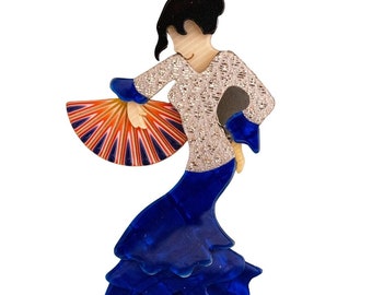 Lea Stein Signed Seville Flamenco Dancer Brooch Pin - Blue & Silver Glitter