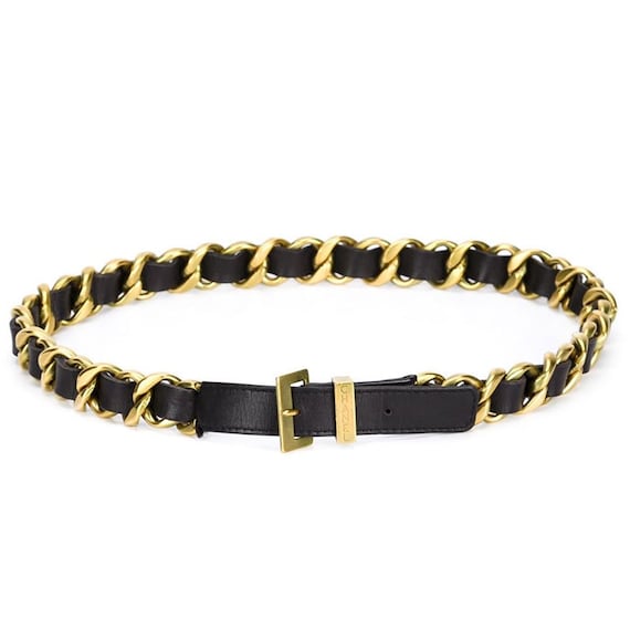 Chanel - Black Leather & Gold Chain Belt