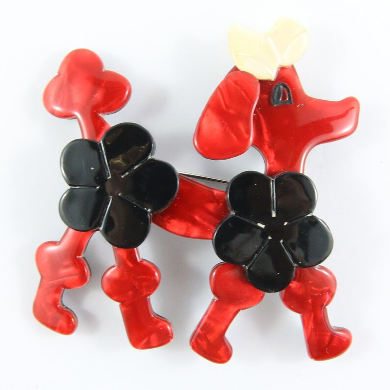 Creme Lea Stein Signed Poodle Brooch Pin Red Black