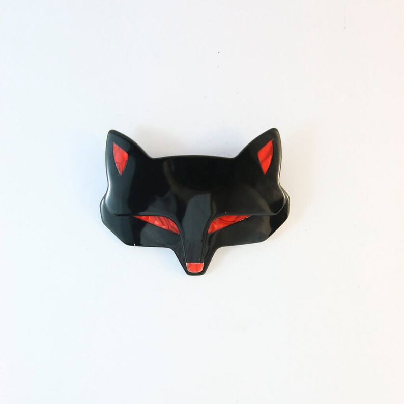 Lea Stein Goupil Fox Head Brooch Black With Red Eyes /& Ears
