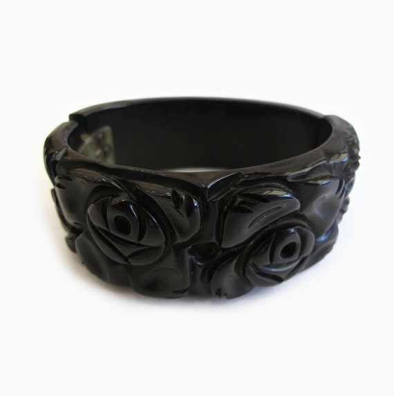 Vintage Sliced Carved Bakelite Bangle - Black, Ov… - image 1