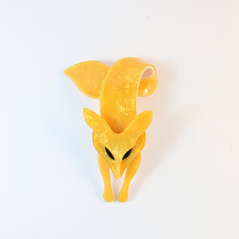 Lea Stein Famous Renard Fox Brooch Pin Snakeskin Yellow