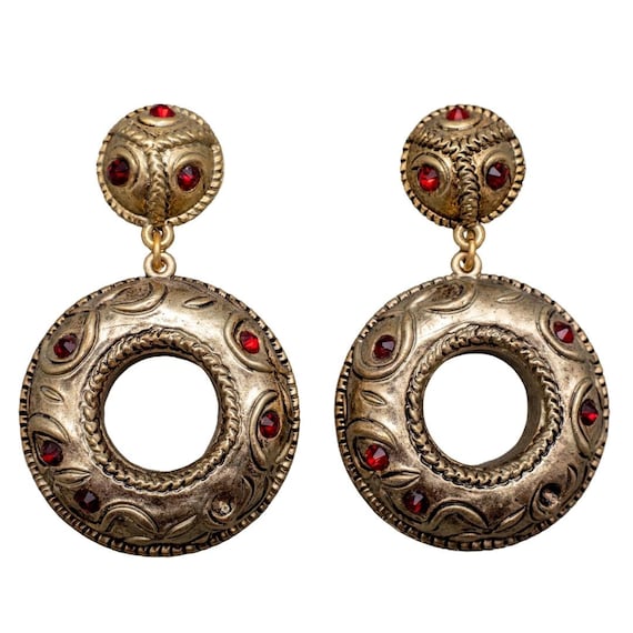 Vintage Double Drop Circular Earrings With Red Cr… - image 1