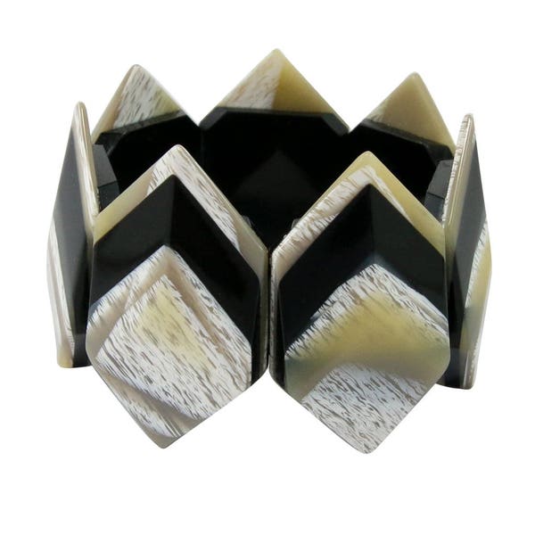 Lea Stein Signed Vintage Diamond Deco Stretch Bangle - Bone Texture, Black & Taupe c. 1960