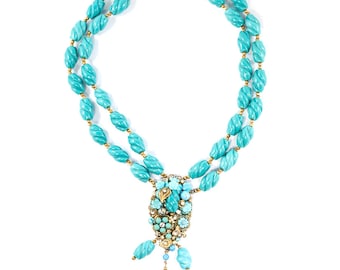 Vintage Miriam Haskell Signed 2-Strand Turquoise Glass Bead Floral Design Necklace c. 1950