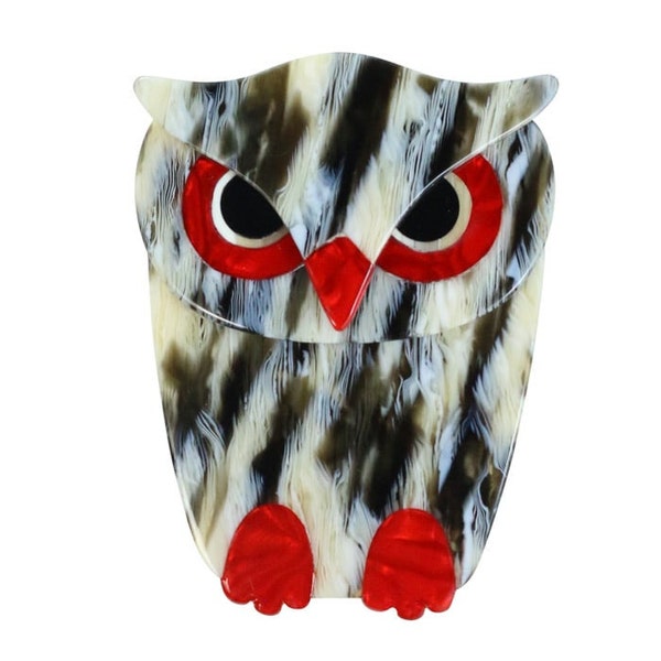 Lea Stein Buba Owl Brooch Pin - Horn, Red