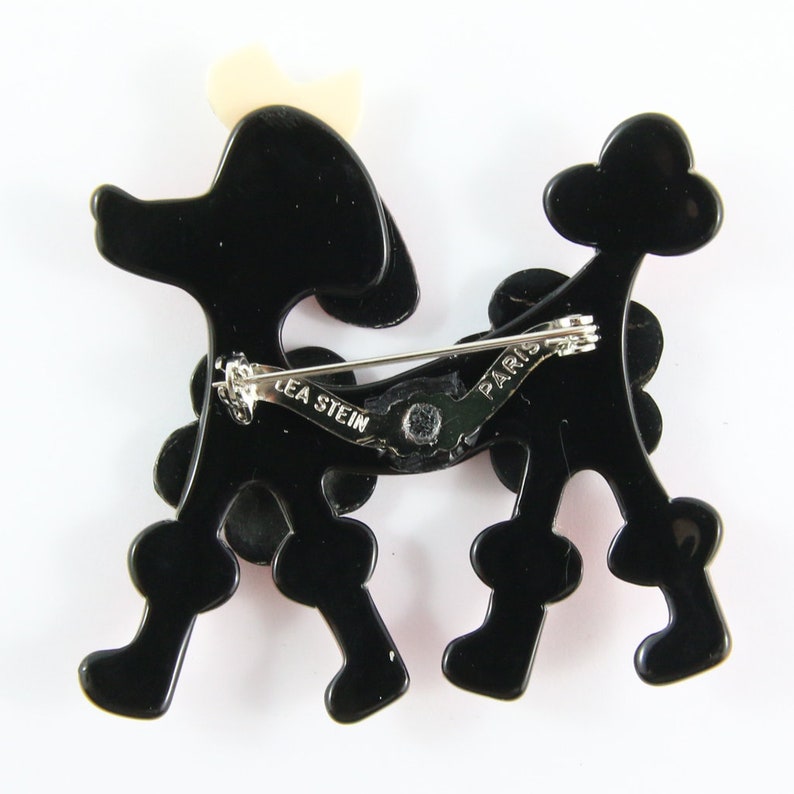 Creme Lea Stein Signed Poodle Brooch Pin Red Black