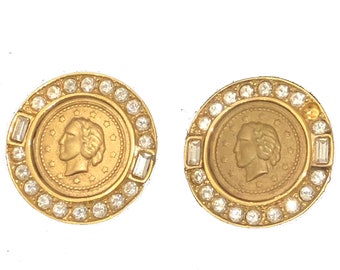 Vintage Coin Gold Plated & Crystal Earrings (Pierced)