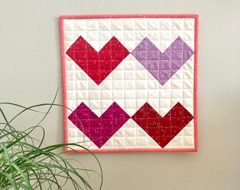 Heart Mini Quilt Wall Hanging, Valentine's Day Heart Table Topper, Red and Purple Heart Mini Quilt for Wall or Table,  Handmade Mini Quilt,
