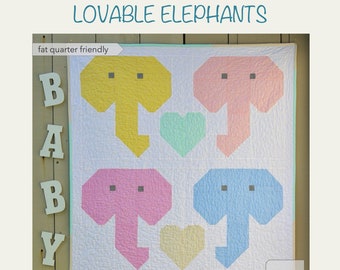 DIGITAL: Lovable Elephants Baby Quilt PDF Pattern, Baby Quilt Pattern, Modern Quilt Pattern, Animal Quilt Pattern for Baby