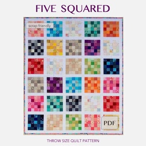 Fünf-Quadrat-Überwurf Quilt PDF Muster, Scrappy Throw Quilt Pattern, Quilt-Muster Anfänger, Quilt-Muster Anfänger