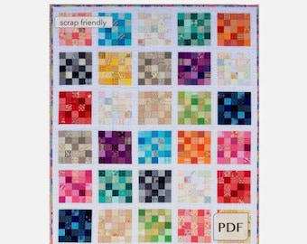 Five Squared Throw Quilt PDF Pattern, Scrappy Throw Quilt Pattern, Easy Quilt Pattern, Beginner Quilt Pattern, Easy Beginner Quilt Pattern