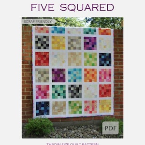 DIGITAAL: PDF-patroon met vijf vierkanten quilt, Scrappy Throw-quiltpatroon, eenvoudig quiltpatroon, quiltpatroon voor beginners afbeelding 1