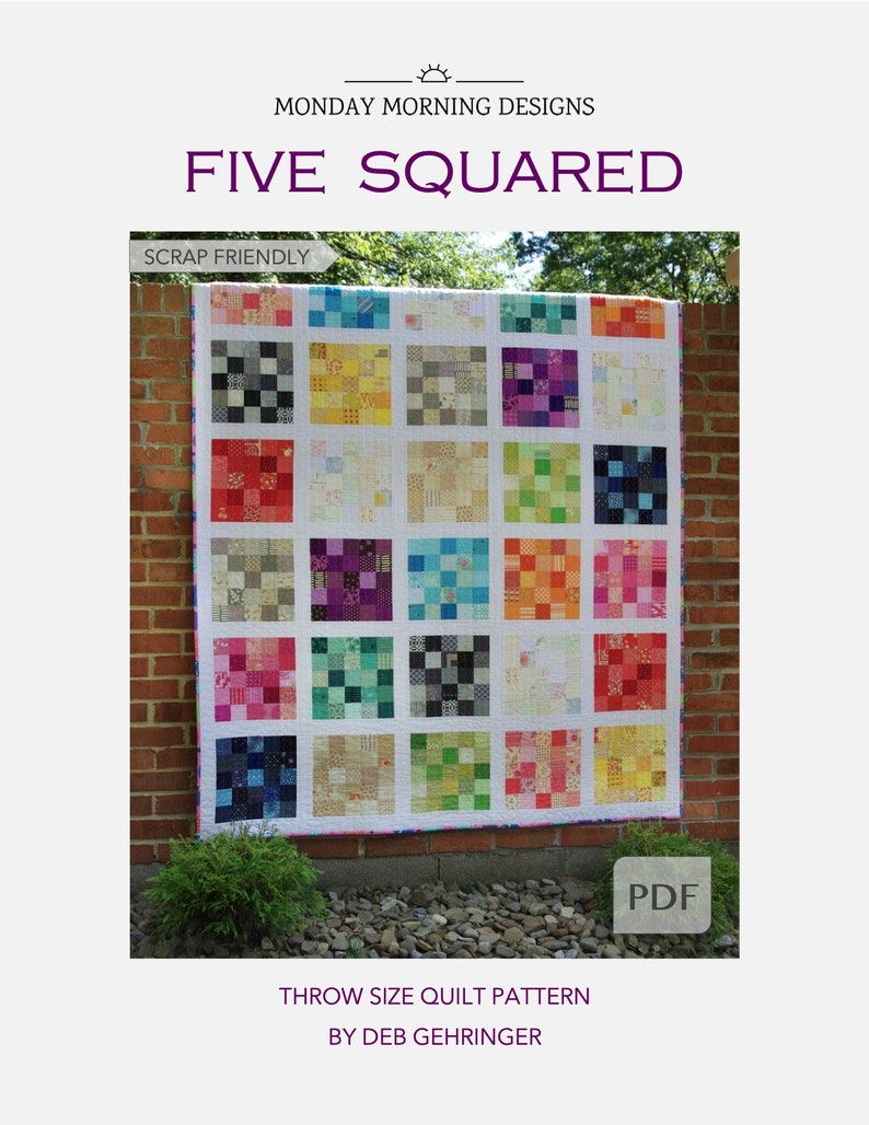 DIGITAAL: PDF-patroon met vijf vierkanten quilt, Scrappy Throw-quiltpatroon, eenvoudig quiltpatroon, quiltpatroon voor beginners afbeelding 1