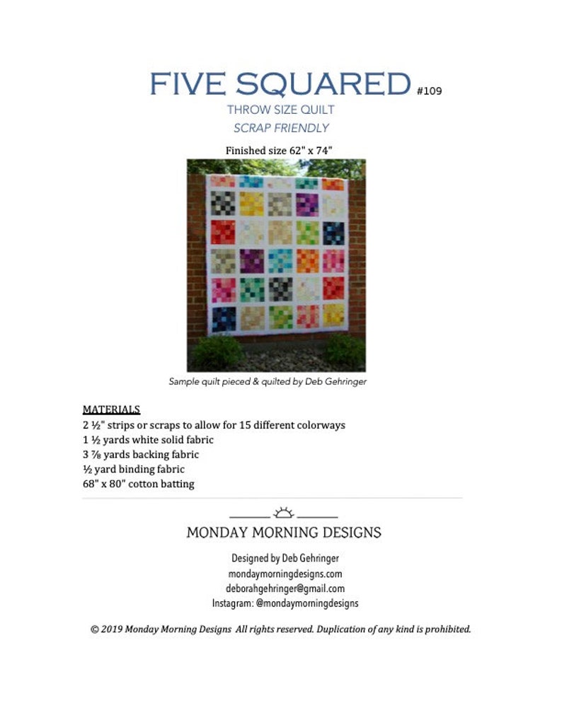 Five Squared Throw Quilt PDF Pattern, Scrappy Throw Quilt Pattern, Easy