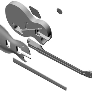 Puede incluir: Vista explosionada de una guitarra eléctrica gris, que muestra el cuerpo, el mástil y otros componentes separados. Las piezas de la guitarra están dispuestas para ilustrar cómo encajan, destacando la construcción del instrumento.