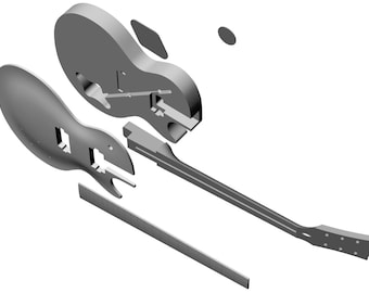 Puede incluir: Vista explosionada de una guitarra eléctrica gris, que muestra el cuerpo, el mástil y otros componentes separados. Las piezas de la guitarra están dispuestas para ilustrar cómo encajan, destacando la construcción del instrumento.
