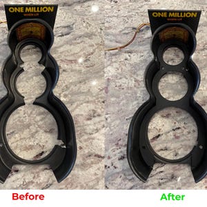 Puede incluir: Imagen antes y después de un objeto de plástico negro con forma de muñeco de nieve con una sección rota. El objeto está diseñado para contener una botella de licor. El texto "ONE MILLION WHEN LIT" es visible en la parte superior del objeto.