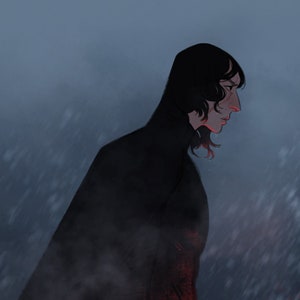 Puede incluir: Ilustración digital de una persona con una capa negra, pelo largo negro y un sable de luz rojo. La obra de arte tiene una atmósfera oscura y un fondo borroso.