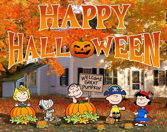 May include: Happy Halloween greeting with Peanuts characters dressed in costumes.  Snoopy is a mummy, Charlie Brown is holding a sign that says "Welcome Great Pumpkin", Lucy is dressed as a devil, Linus is dressed as a pirate, and Sally is dressed as a pumpkin.  The characters are standing in front of a house with fall foliage.