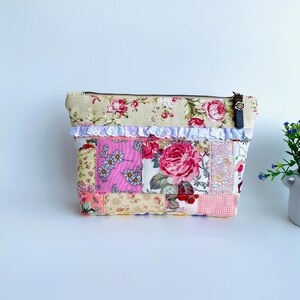 Floral Patchwork Zipper Pouch, Pink Rose Cotton Canvas Clutch Bag, Lace Trim Purse