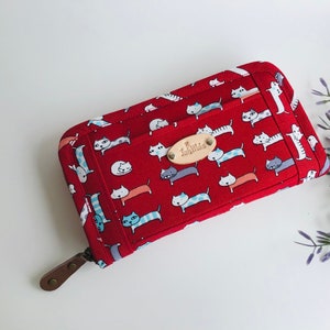 Cartera roja, Cartera gatos lindos, Cartera para mujer, Cartera de tela hecha a mano, Cartera larga
