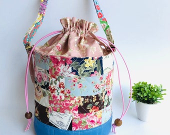 Floral Patchwork Bucket Bag: Quilted Canvas Crossbody