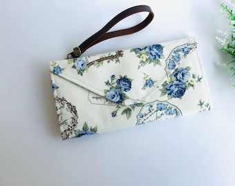 Blue Roses Fabric Clutch Wallet: Handmade Women's Wallet with Leather Strap