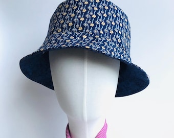 Sky Blue Quilted Cotton Bucket Hat, Reversible Handmade Boho  display picture 3