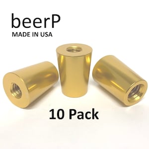 May include: Gold-coloured metal beer tap handles. The handles are cylindrical with a threaded hole on one end. The text "beerP MADE IN USA" is printed on the top left. The text "10 Pack" is printed on the bottom.