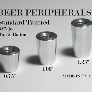 May include: Three silver-colored, tapered beer tap handles with threaded tops. The handles are labeled with their sizes: 0.75", 1.00", and 1.25". The text "BEER PERIPHERALS" and "MADE IN U.S.A." are also visible.