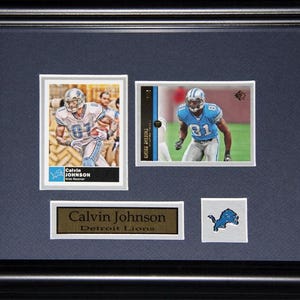 Cadre de collection pour souvenirs de football Calvin Johnson Detroit Lions 2 cartes