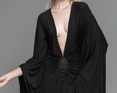 Black Ruched Long Dress Deep V Slit Gothic Steampunk Larp, Vampire, Costume, Sexy Formal Gown Halloween Morticia