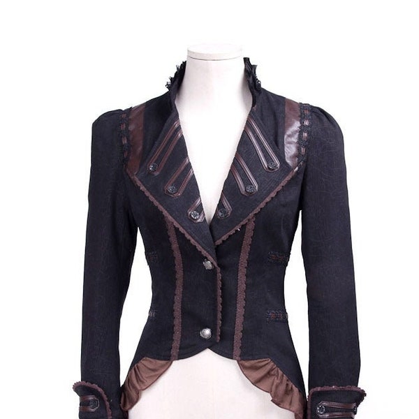 SALE! Size XS Victorian Jacket With Tailcoat Ruffles Steampunk Military Gothic Coat Frock Lace and Vegan Leather Trim