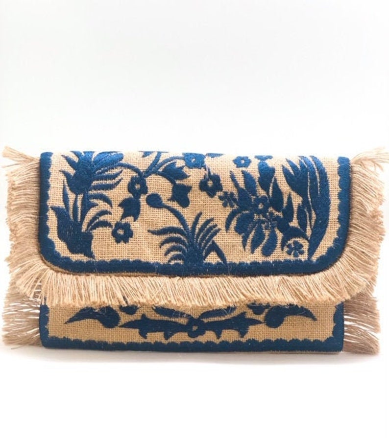 Tan and Blue Handbag ~ Fringe Trim Clutch ~ Unique Purse