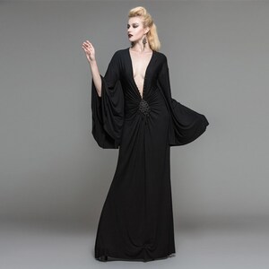 Black Ruched Long Dress Deep V Slit Gothic Larp Vampire - Etsy