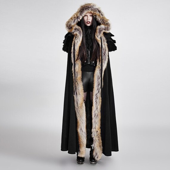 Unisex Hooded Black Cloak Faux Fur 