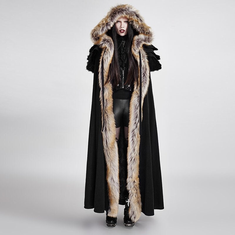Unisex Hooded Black Cloak Faux Fur Accent Cape Warm Long - Etsy Canada