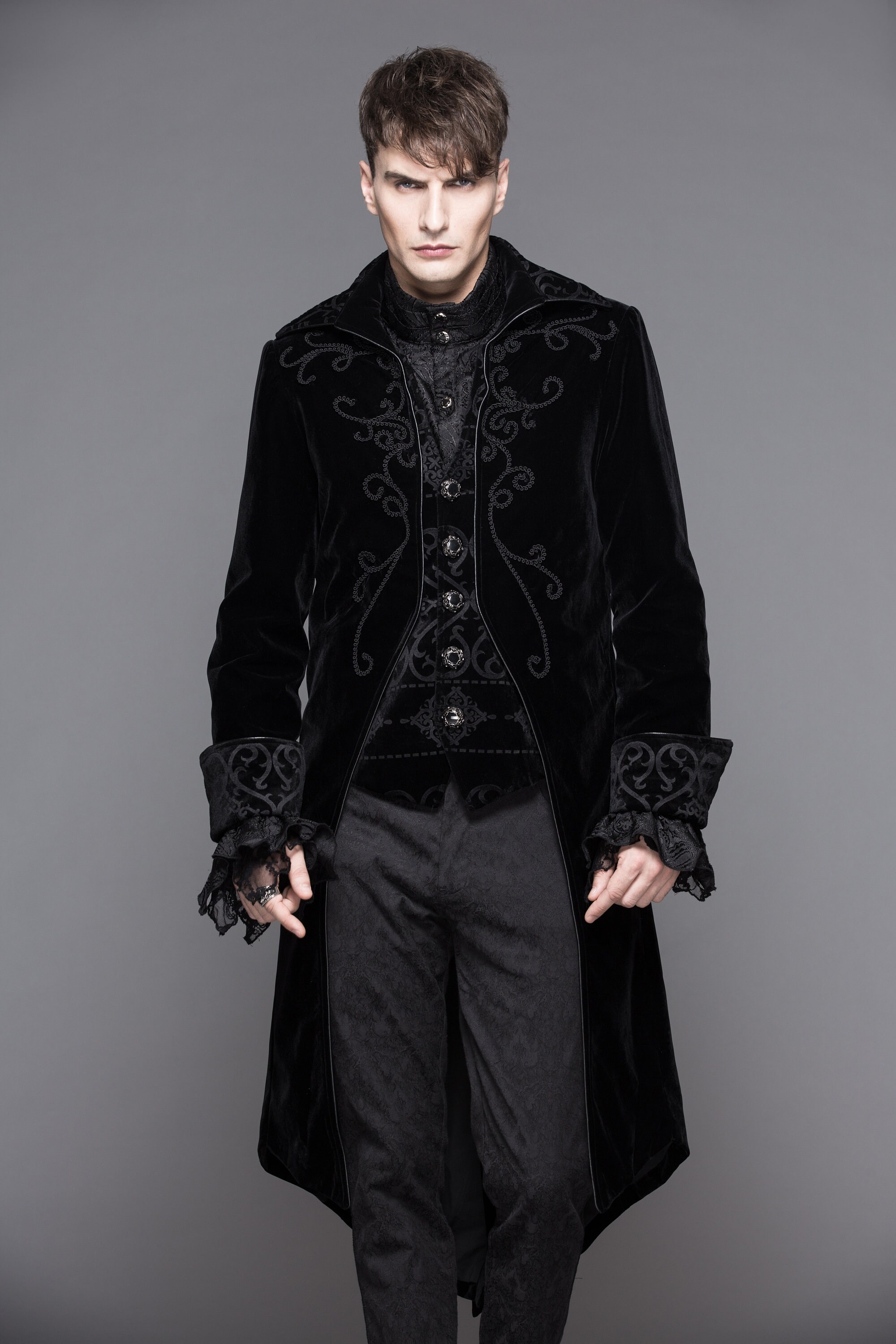 Mens Gothic Tailcoat Jacket Black Steampunk VTG Victorian Coat L/L, Burgundy 