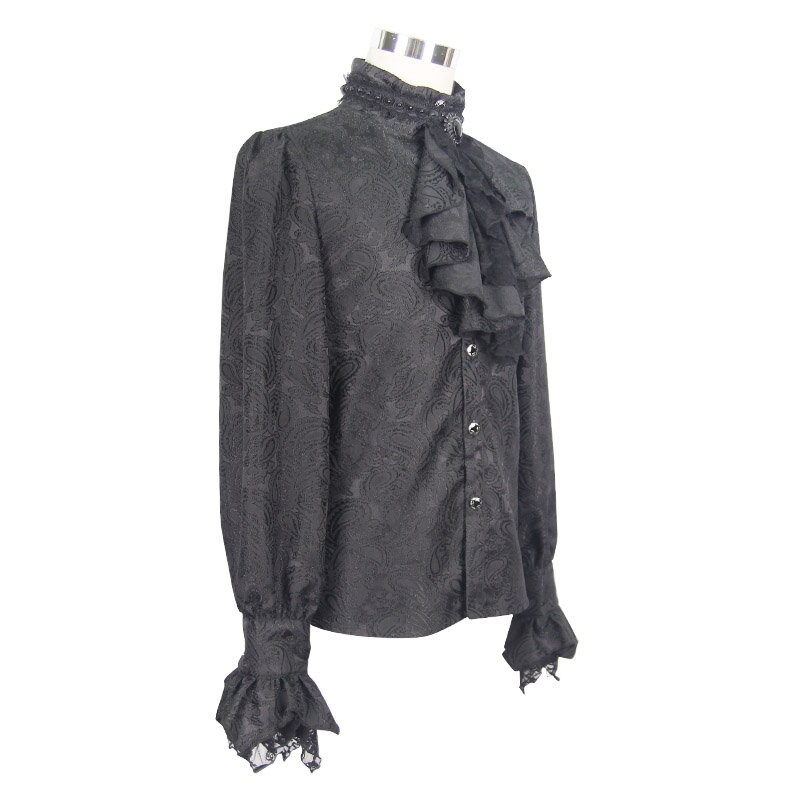 Men's Black Shirt Ruffle Collar Long 