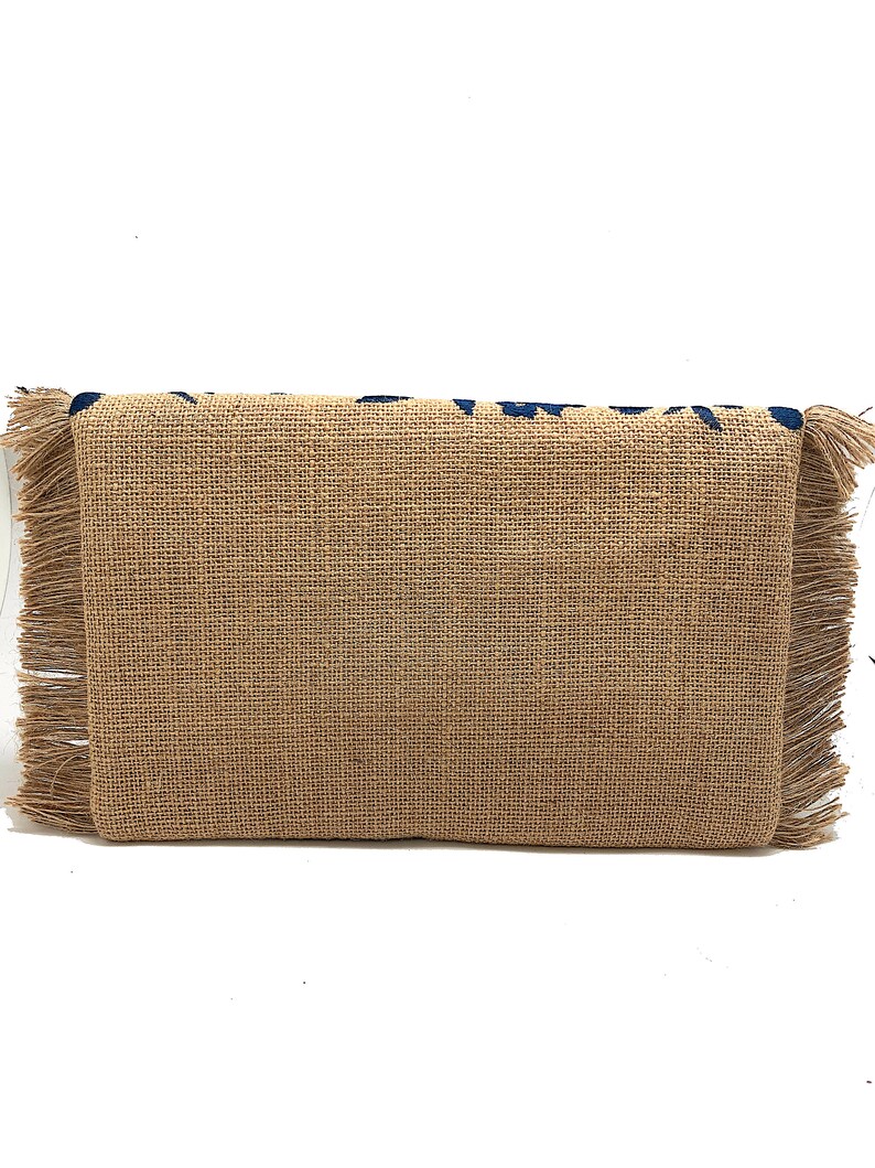Tan and Blue Handbag ~ Fringe Trim Clutch ~ Unique Purse