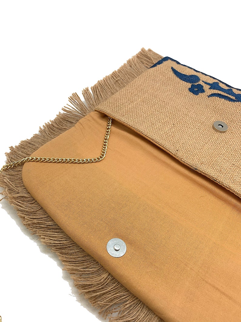 Tan and Blue Handbag ~ Fringe Trim Clutch ~ Unique Purse