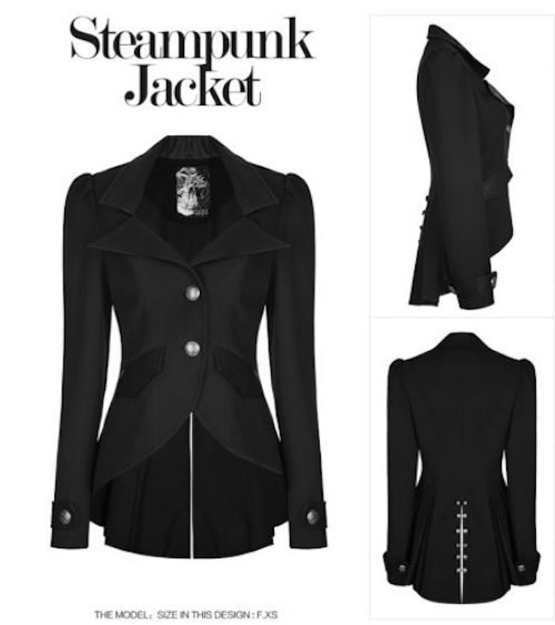 Woman/'s Black Blazer Steampunk Style Jacket Coat Fitted Buttons Collar Puff Sleeves ~ Victorian